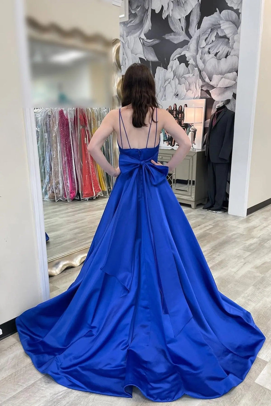A-line V Neck Sleeveless Court Train Satin Prom Dresses With Bowknot Pleated Waistband