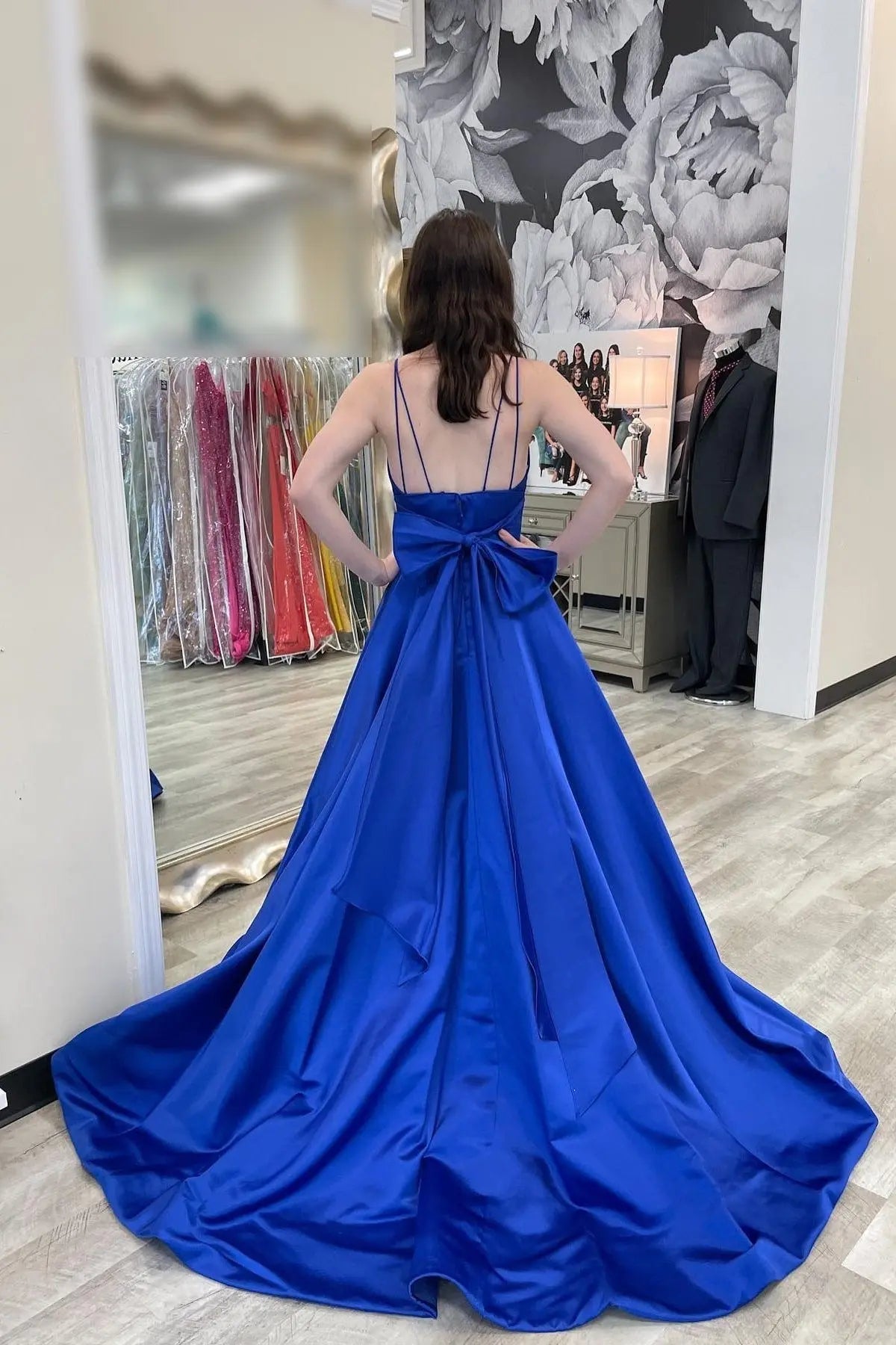 A-line V Neck Sleeveless Court Train Satin Prom Dresses With Bowknot Pleated Waistband