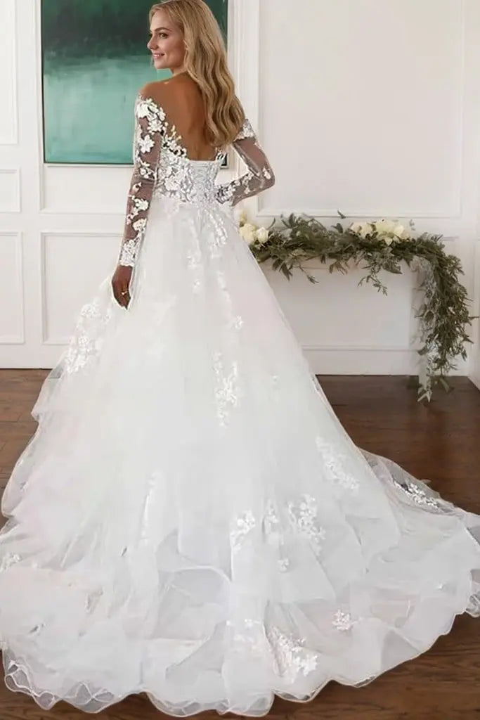 A-Line/Princess Tulle Lace V-neck Long Sleeves Sweep/Brush Train Wedding Dresses