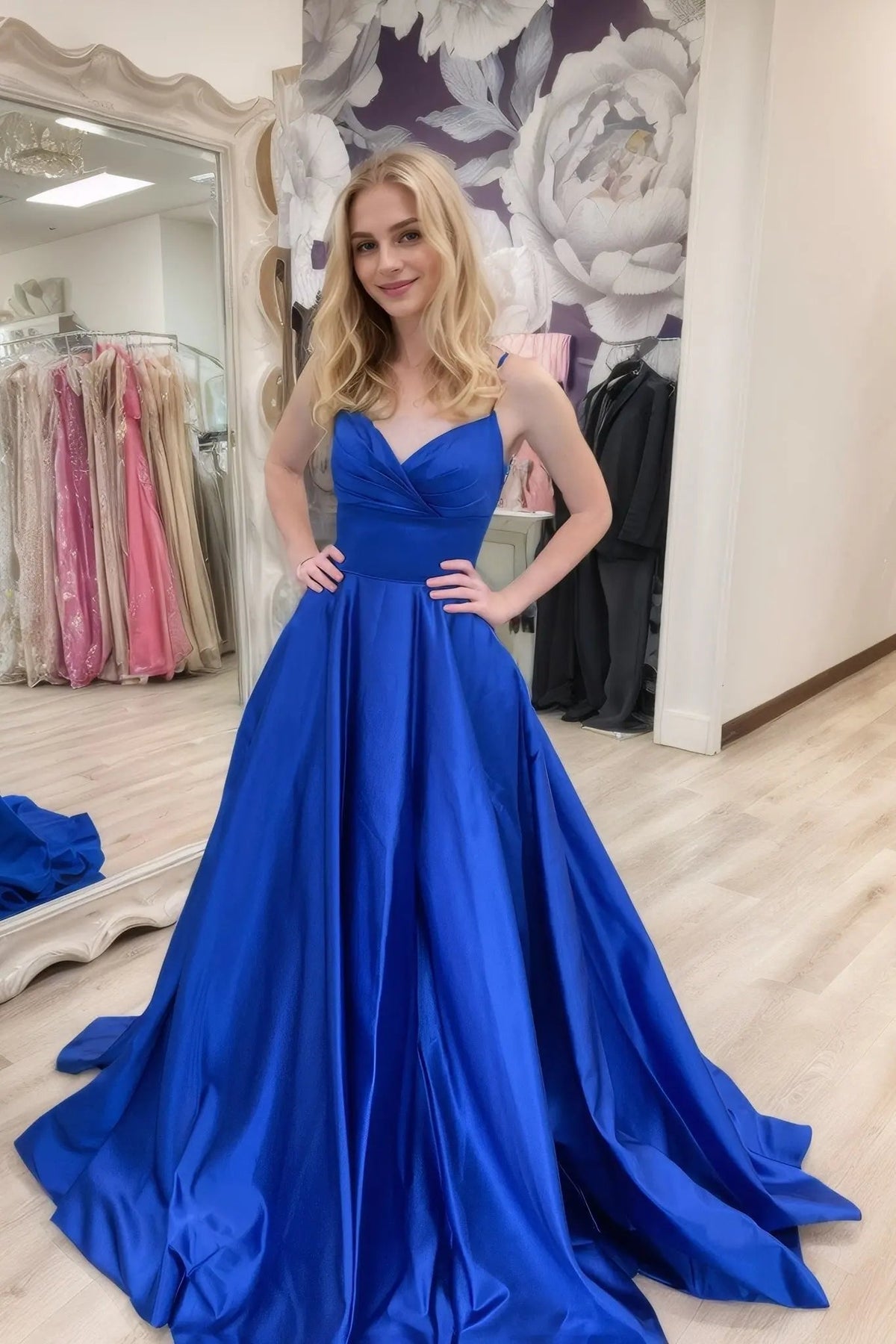 A-line V Neck Sleeveless Court Train Satin Prom Dresses With Bowknot Pleated Waistband