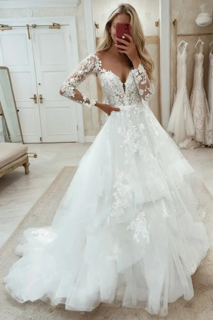 A-Line/Princess Tulle Lace V-neck Long Sleeves Sweep/Brush Train Wedding Dresses