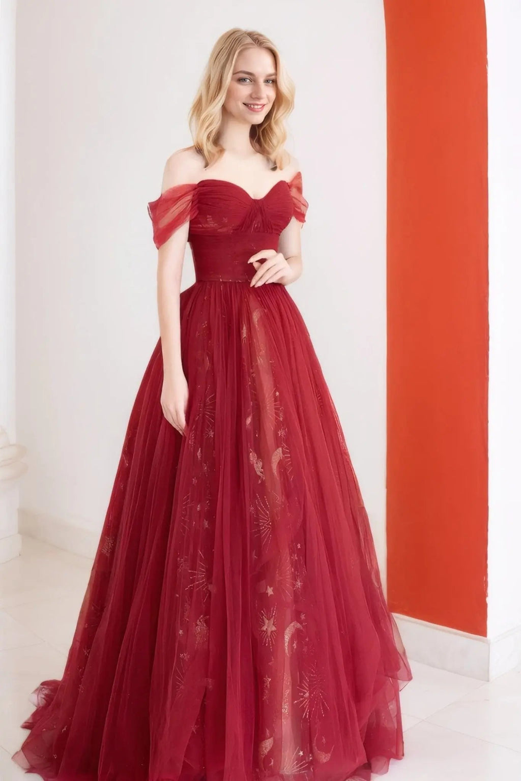 A-Line/Princess Tulle Long Prom Dress.Off the Shoulder Backless Evening Dress
