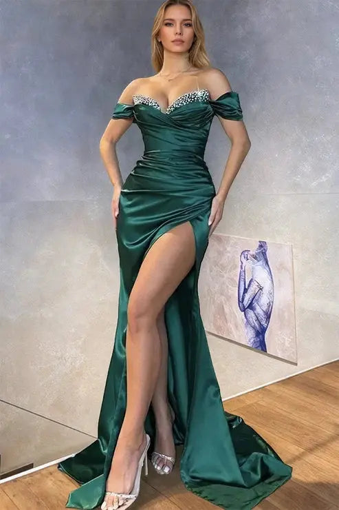 Trumpet/Mermaid Silk Off-the-Shoulder Long Prom Dresses with Slit