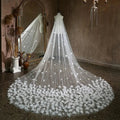 Floral Cut Edge Single Tier Tulle Bridal Cathedral Length Wedding Veils