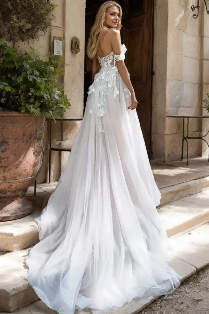 A-Line Tulle Applique Off-the-Shoulder Sleeveless Chapel Train Wedding Dresses