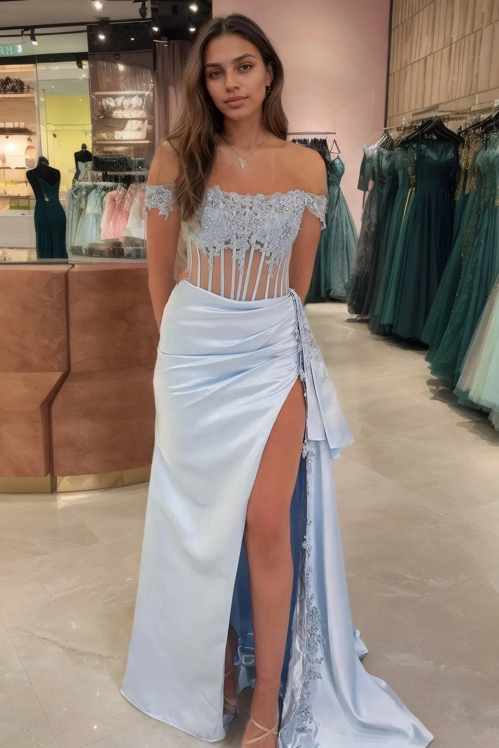 Sheath/Column Off the Shoulder Satin Beaded Prom Dress Burgundy With Appliques Prom Gown