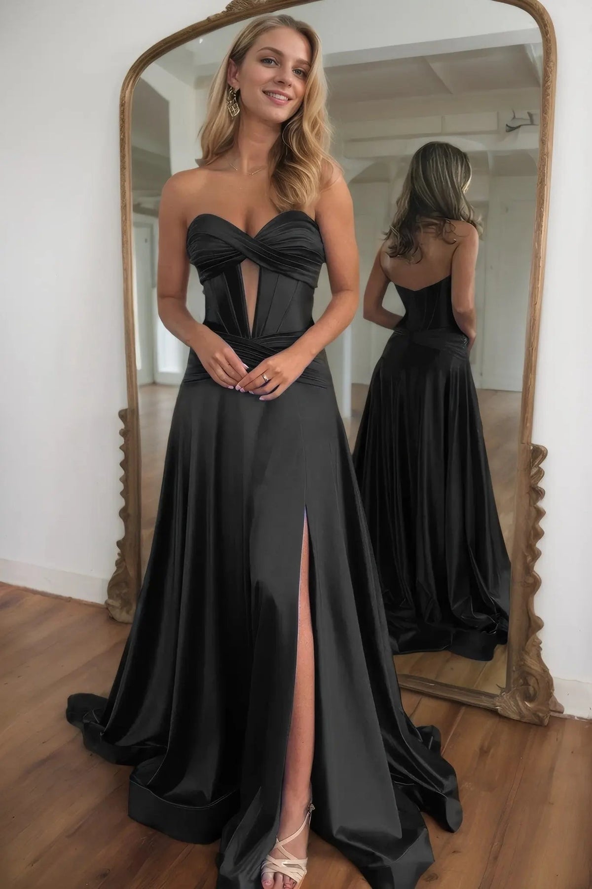 A-line Strapless Silk Long Blue Prom Dresses Elegant Evening Dress