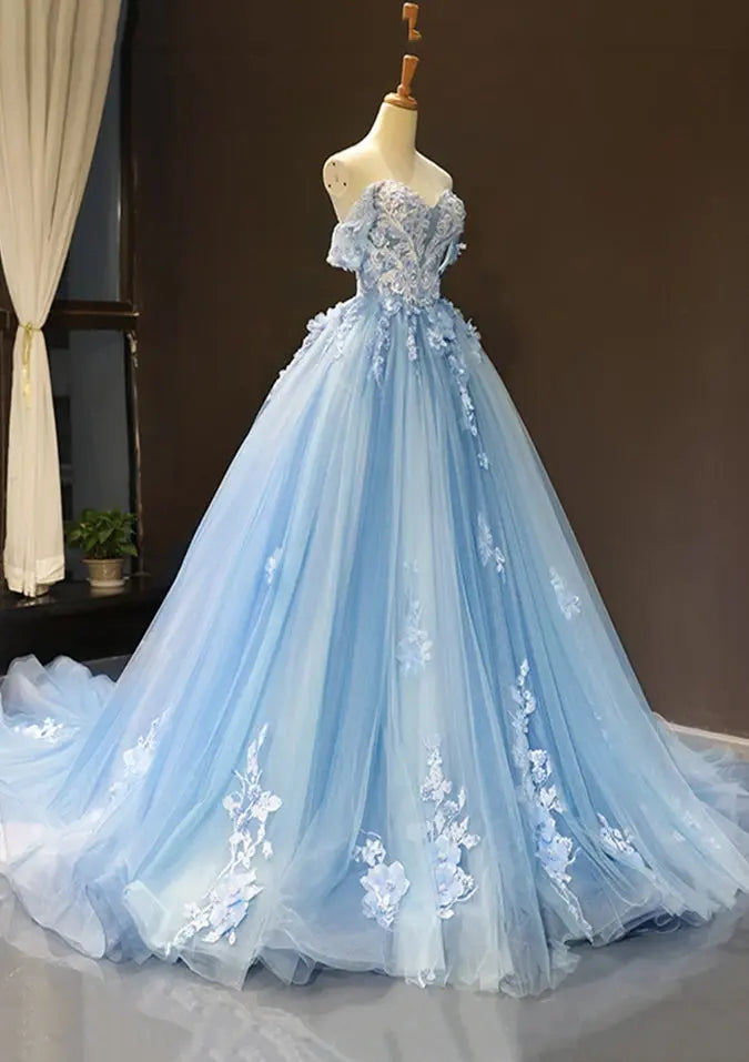 A-Line Blue Tulle Quinceanera Dress Off Shoulder Lace Ball Gown Prom Dress