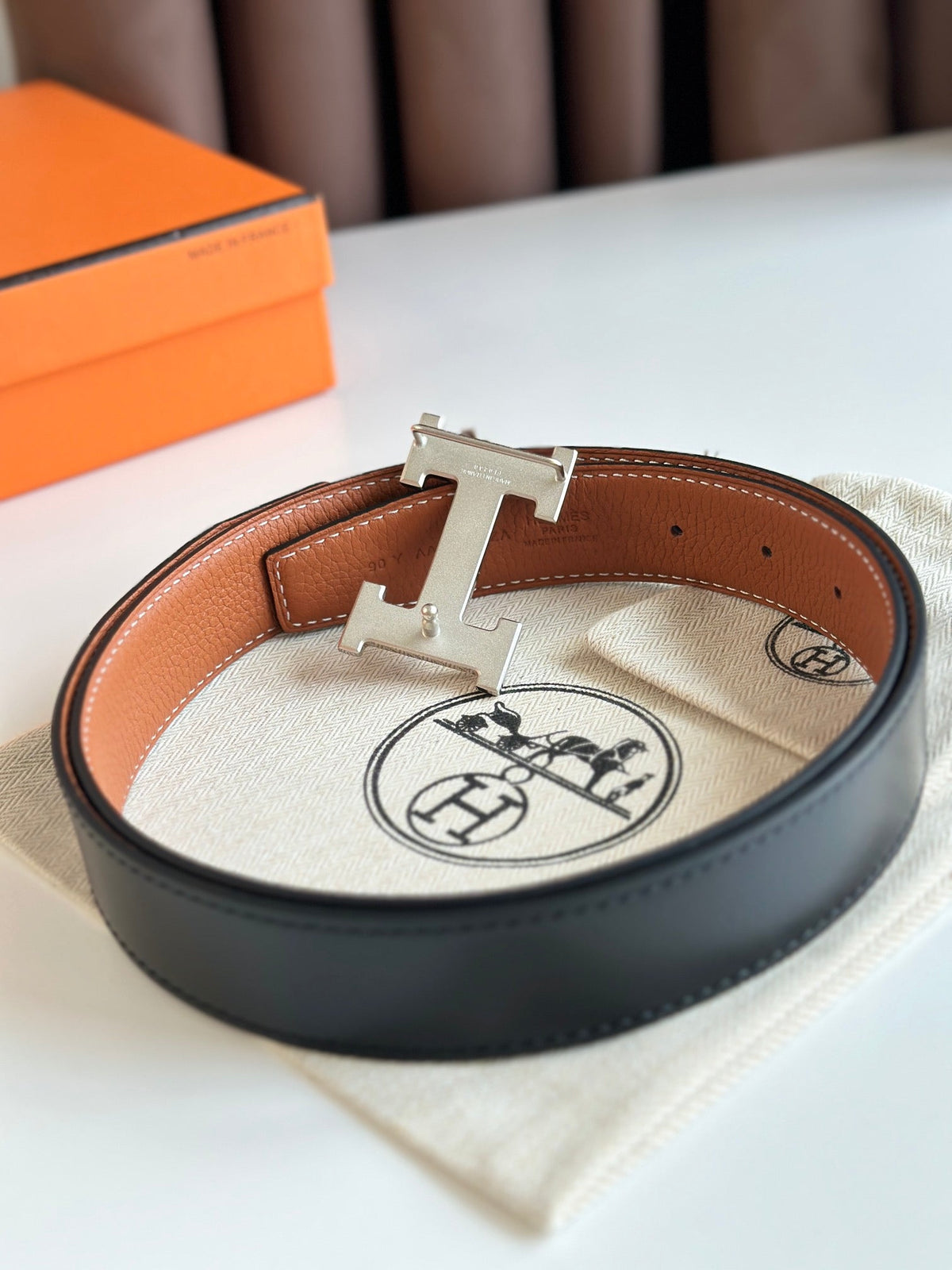 HM Silver H Buckle & Reversible 32mm Belt Brown mix Black leather 124655