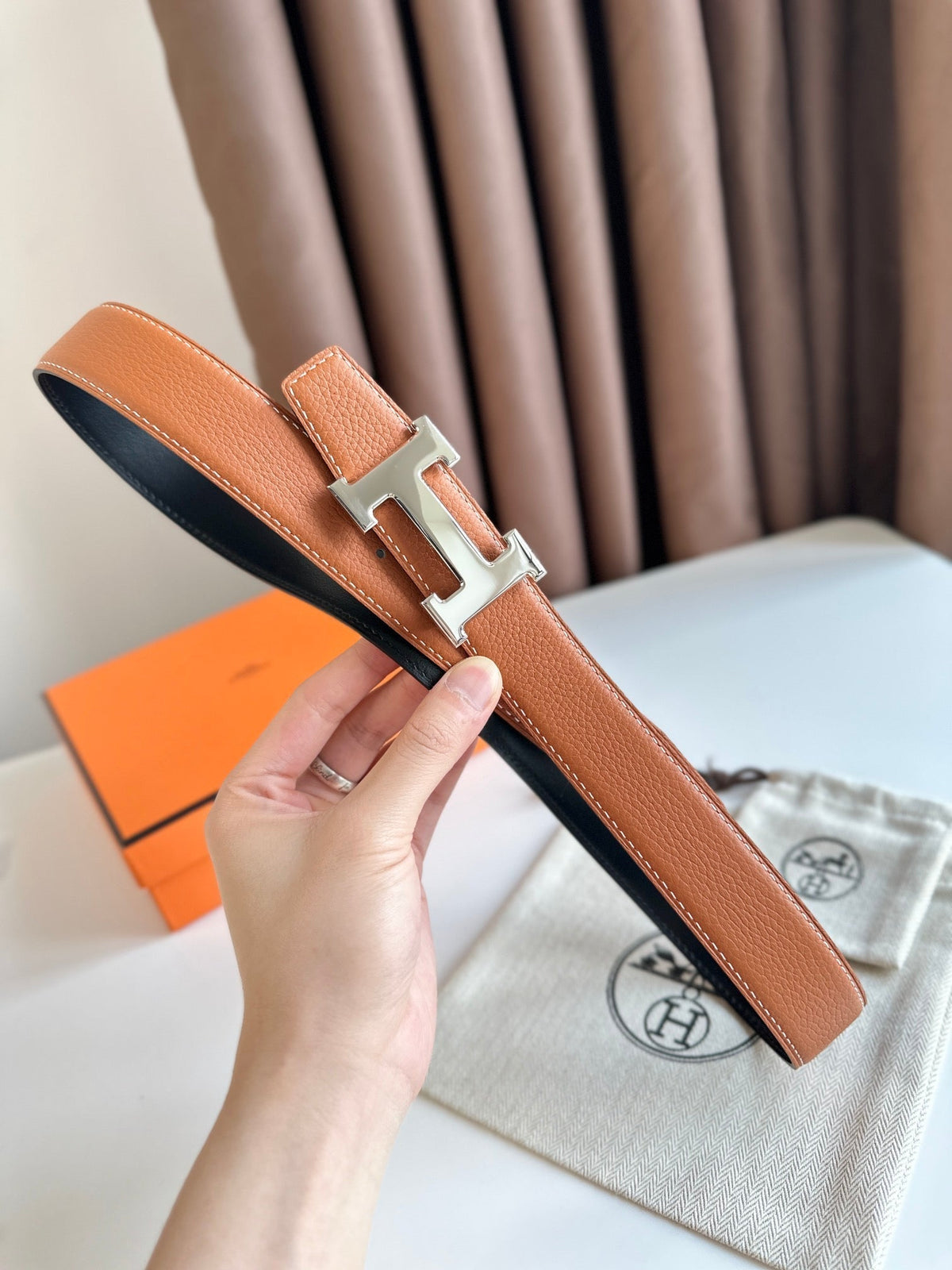 HM Silver H Buckle & Reversible 32mm Belt Brown mix Black leather 124655