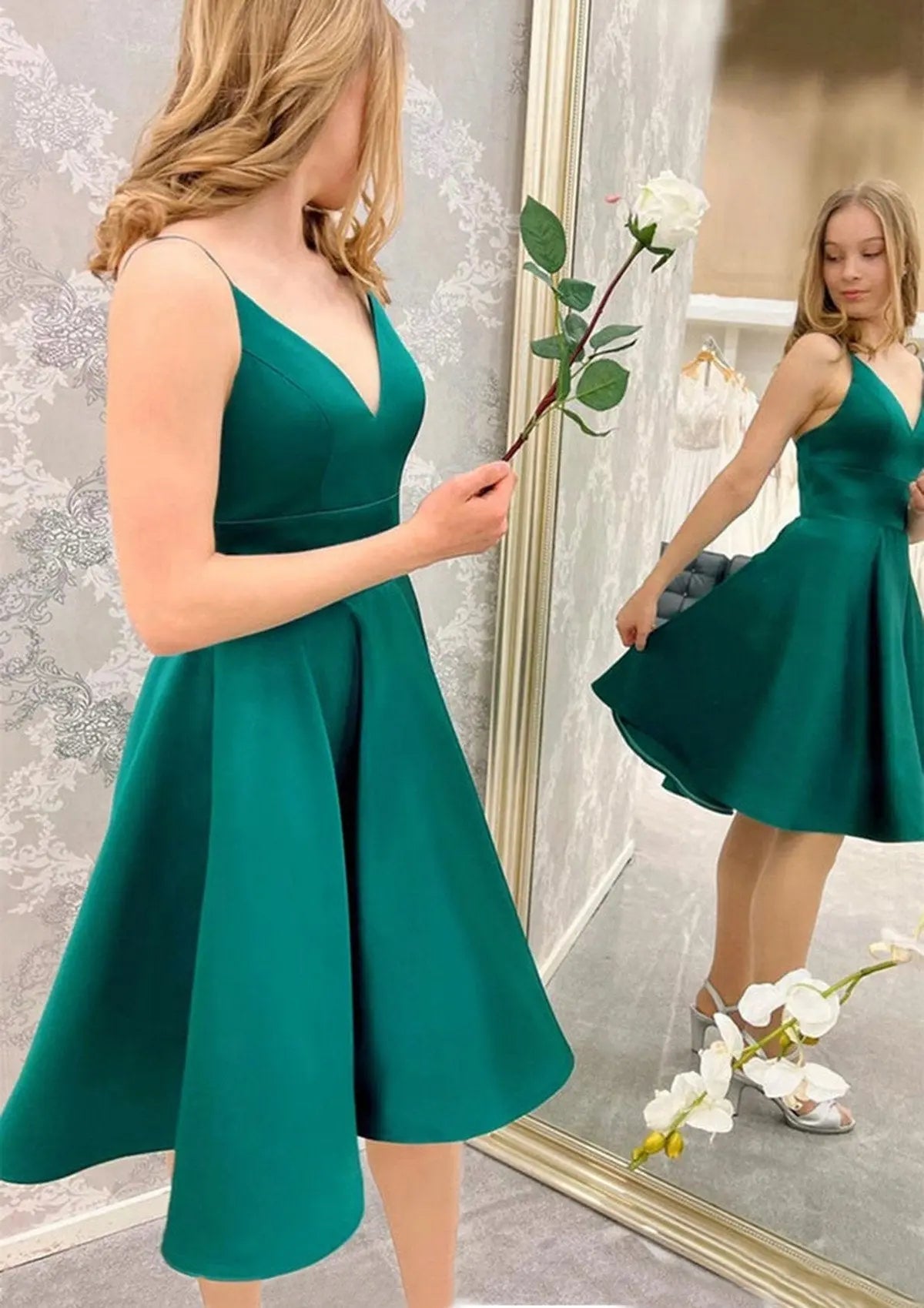 Short A-line V Neck Satin Homecoming Dress