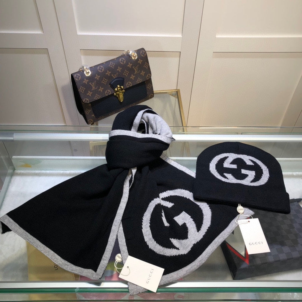 SET HAT AND SCARF IN BLACK MIX LIGHT GRAY CASHMERE 946329
