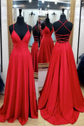 A-line V Neck Sleeveless Charmeuse Sweep Train Prom Dress With Split