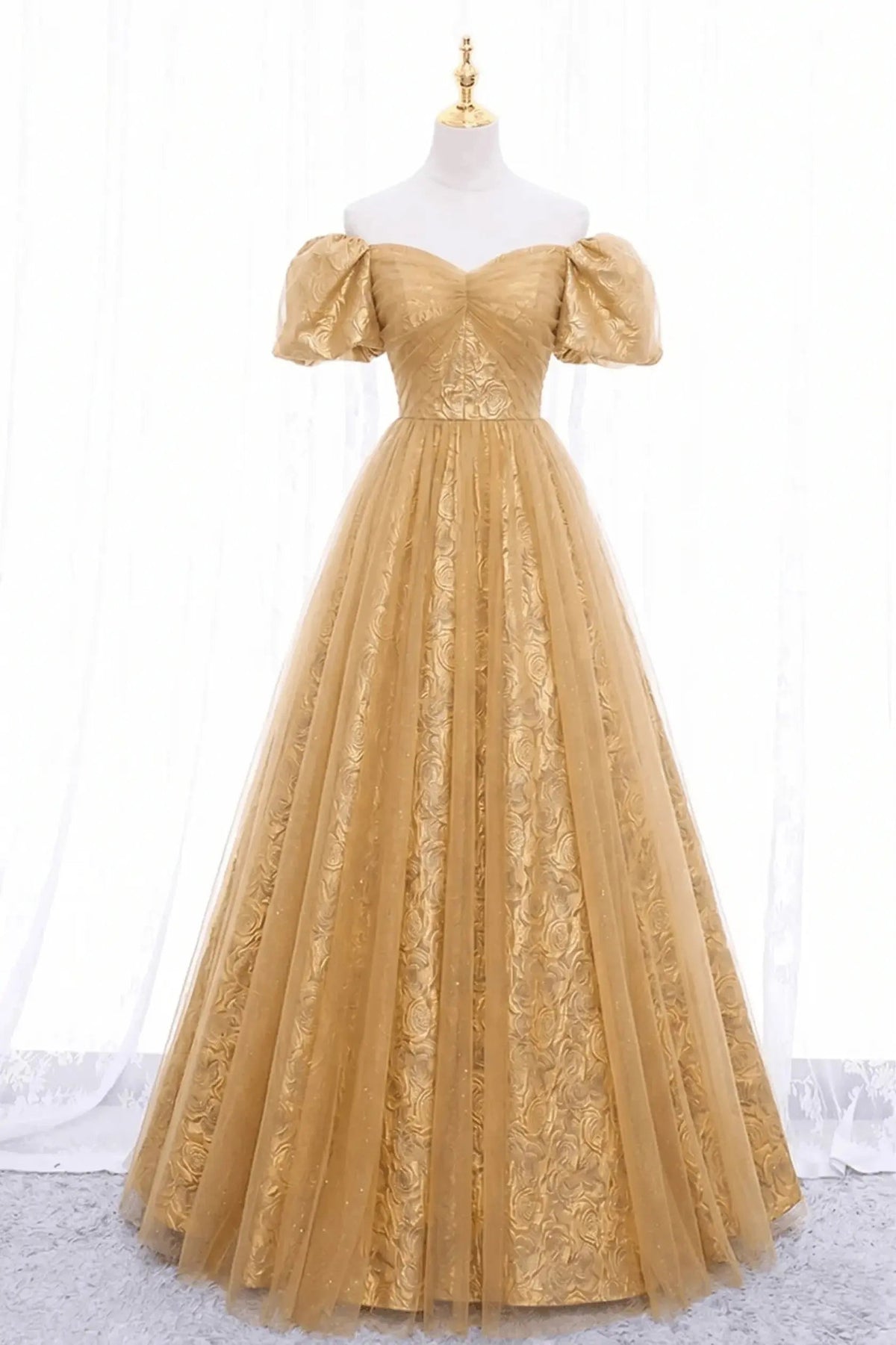Black Tulle A-Line Prom Dress with Rose Print. Black Off Shoulder Formal Evening Dress