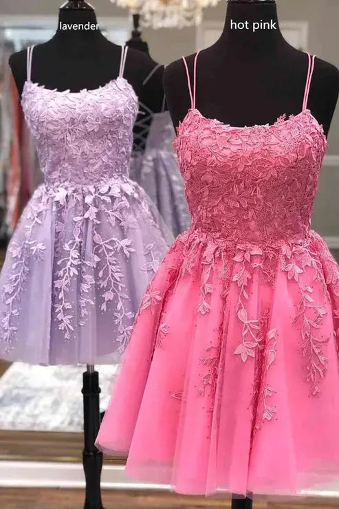 Short/Mini A-line Bateau Lace Tulle Homecoming Dress With Beading