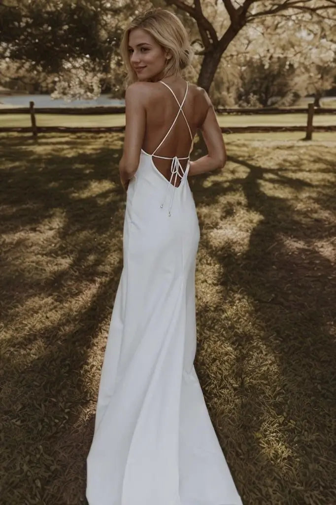 Sheath/Column Stretch Crepe Ruffles V-neck Sleeveless Sweep/Brush Train Wedding Dresses