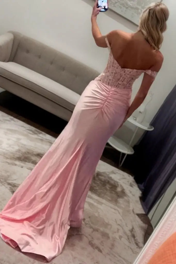 Trumpet/Mermaid Silk Off-the-Shoulder Long Pink Prom Dresses with Slit