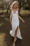 Sheath/Column Stretch Crepe Ruffles V-neck Sleeveless Sweep/Brush Train Wedding Dresses