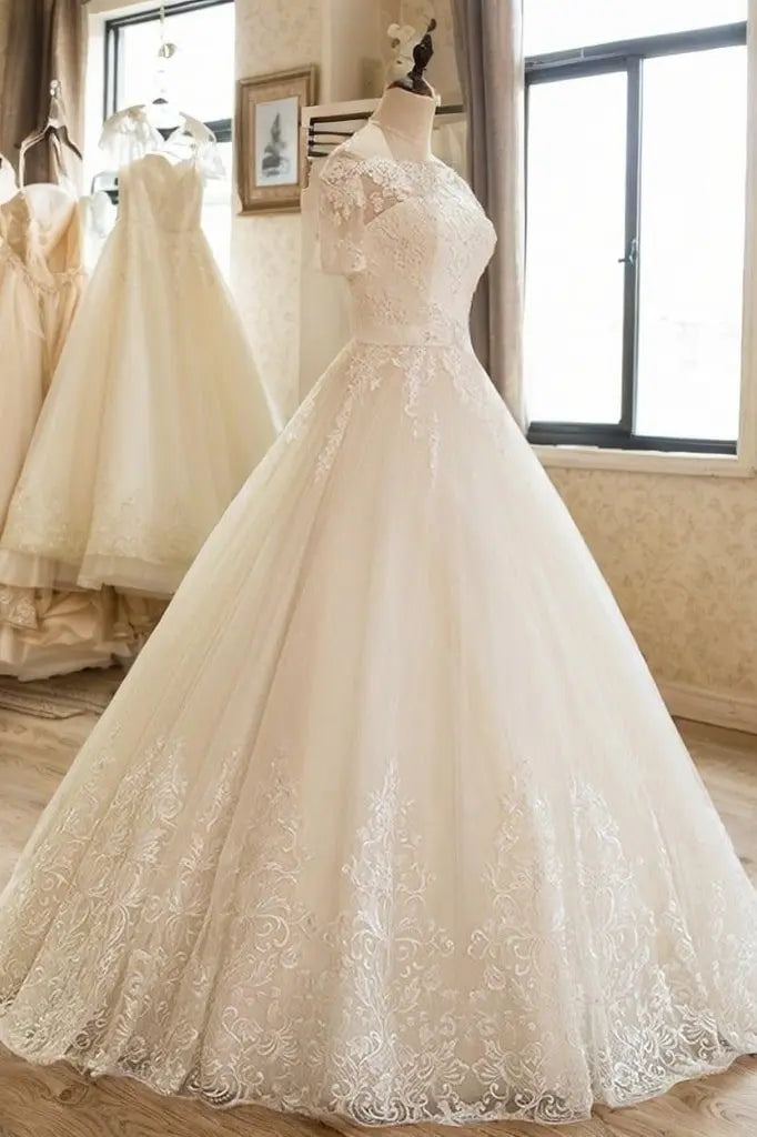 Ball Gown 1/2 Sleeves Off-the-Shoulder Floor-Length Applique Lace Tulle Wedding Dresses