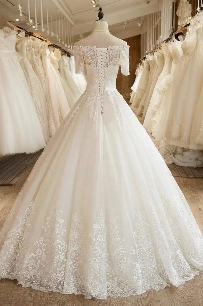 Ball Gown 1/2 Sleeves Off-the-Shoulder Floor-Length Applique Lace Tulle Wedding Dresses