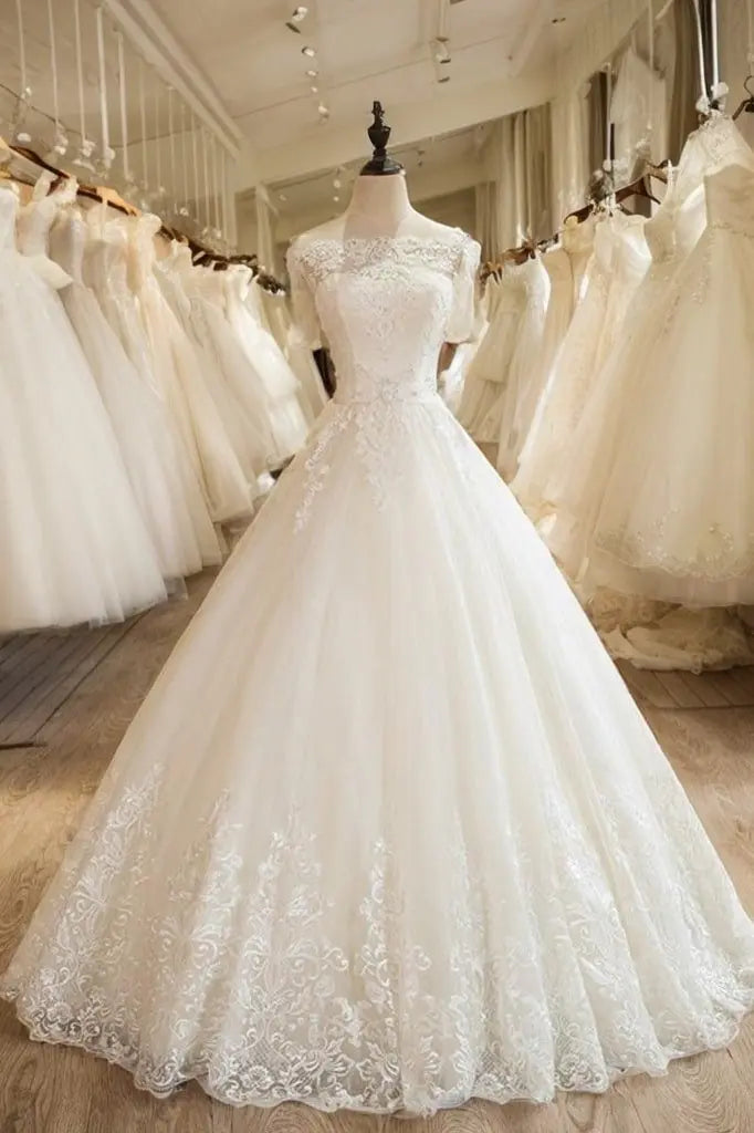 Ball Gown 1/2 Sleeves Off-the-Shoulder Floor-Length Applique Lace Tulle Wedding Dresses