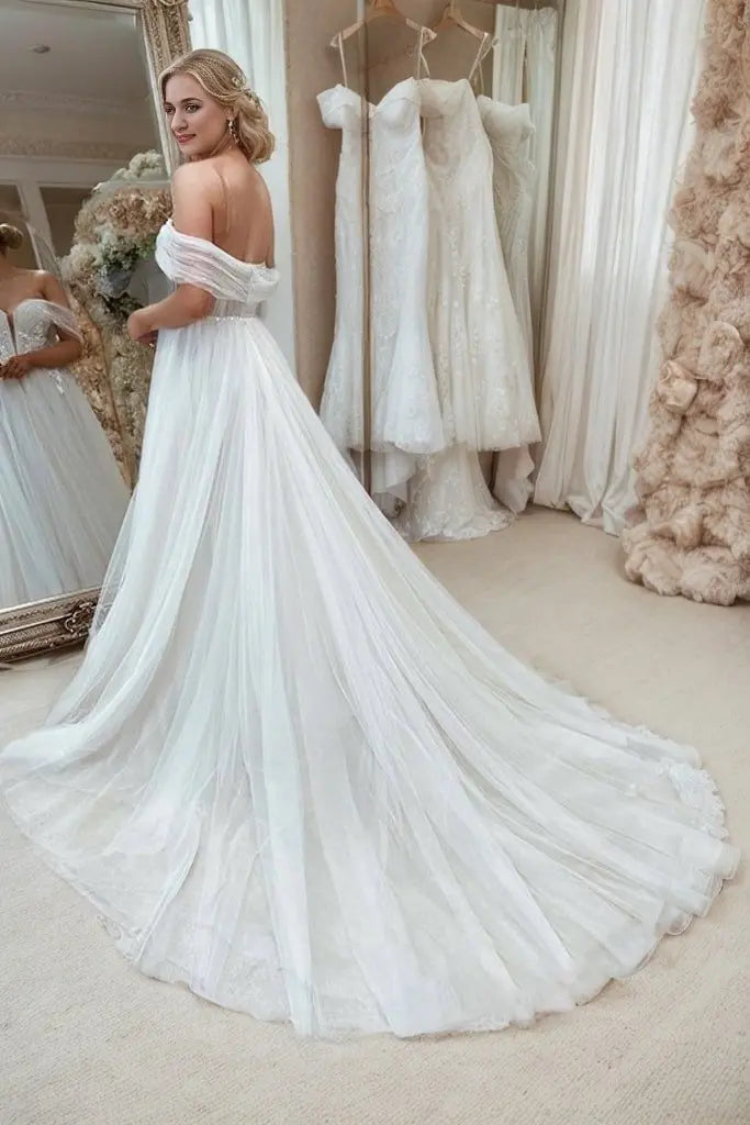 A-Line/Princess Tulle Applique Off-the-Shoulder Sleeveless Sweep/Brush Train Wedding Dresses