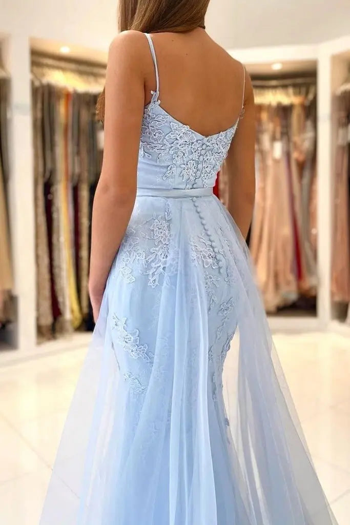 Trumpet/Mermaid Spaghetti Straps Court Train Lace Tulle Prom Dresses With Waistband