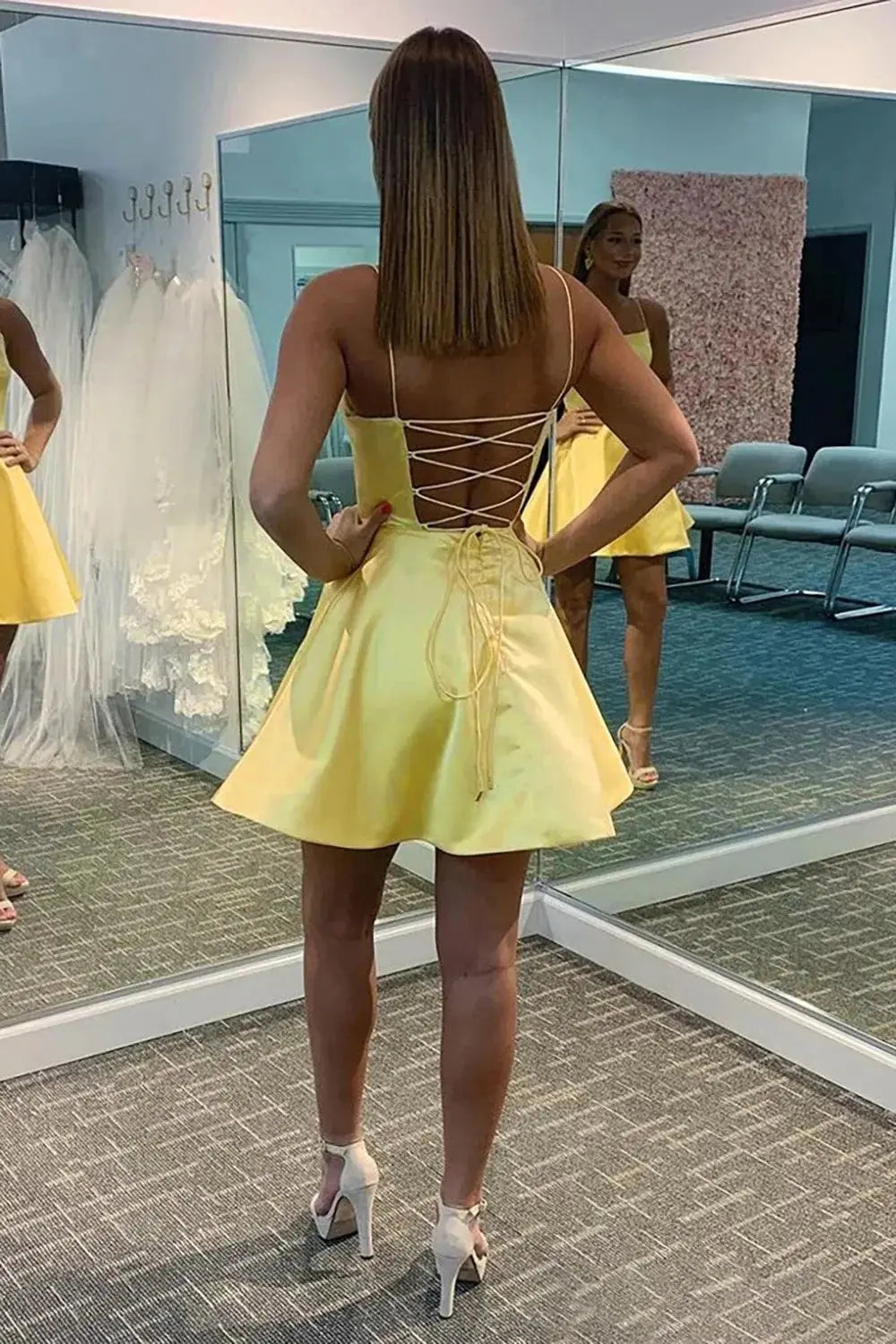 A-line Square Neckline Sleeveless Short/Mini Charmeuse Homecoming Dress