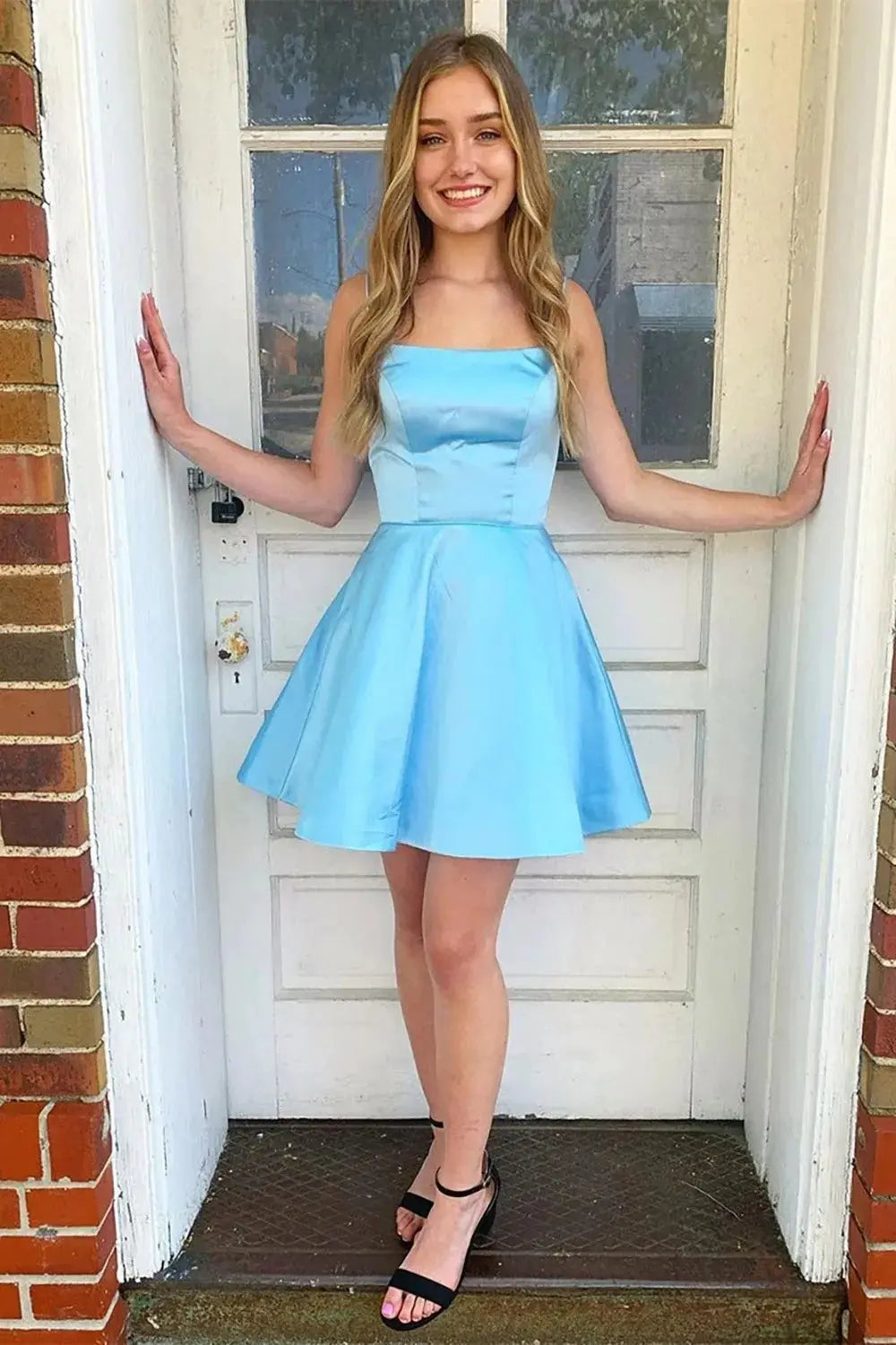 A-line Square Neckline Sleeveless Short/Mini Charmeuse Homecoming Dress