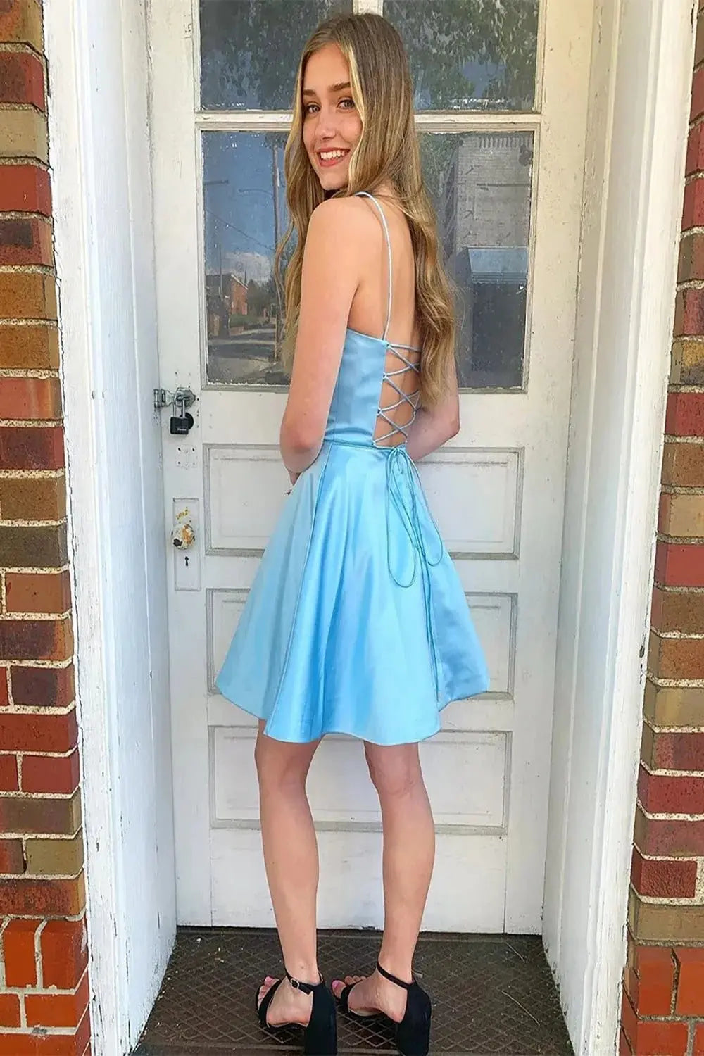 A-line Square Neckline Sleeveless Short/Mini Charmeuse Homecoming Dress