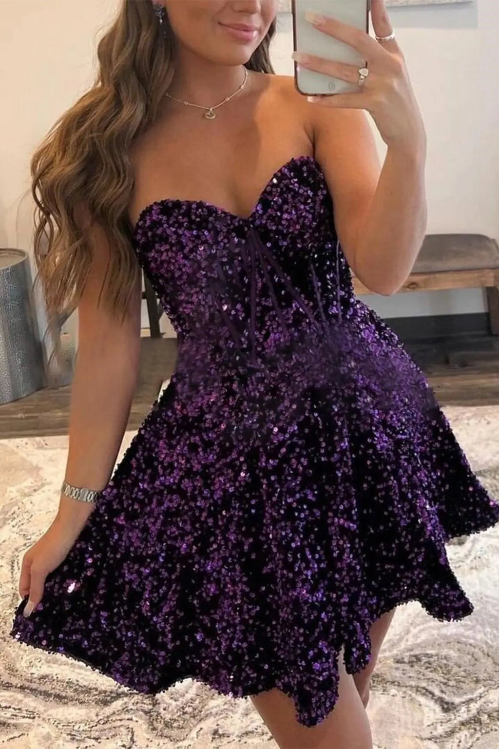 A-line Sweetheart Sleeveless Short/Mini Velvet Sequins Homecoming Dress with Pockets
