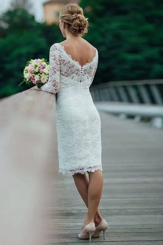 Sheath/Column Lace Scoop Long Sleeves Knee-Length Wedding Dresses