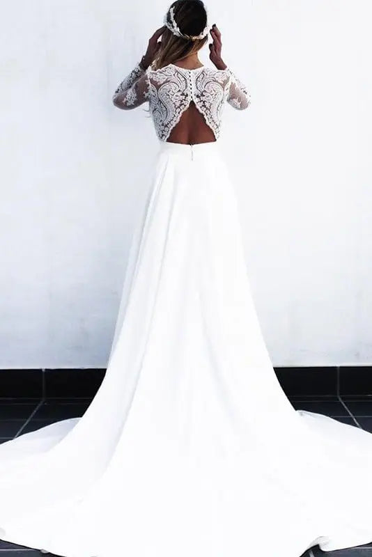 A-Line/Princess Stretch Crepe Lace V-neck Long Sleeves Sweep/Brush Train Wedding Dresses