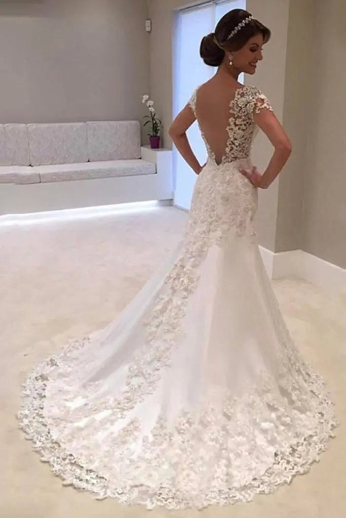 Trumpet/Mermaid Short Sleeves Sweetheart Court Train Lace Wedding Dresses