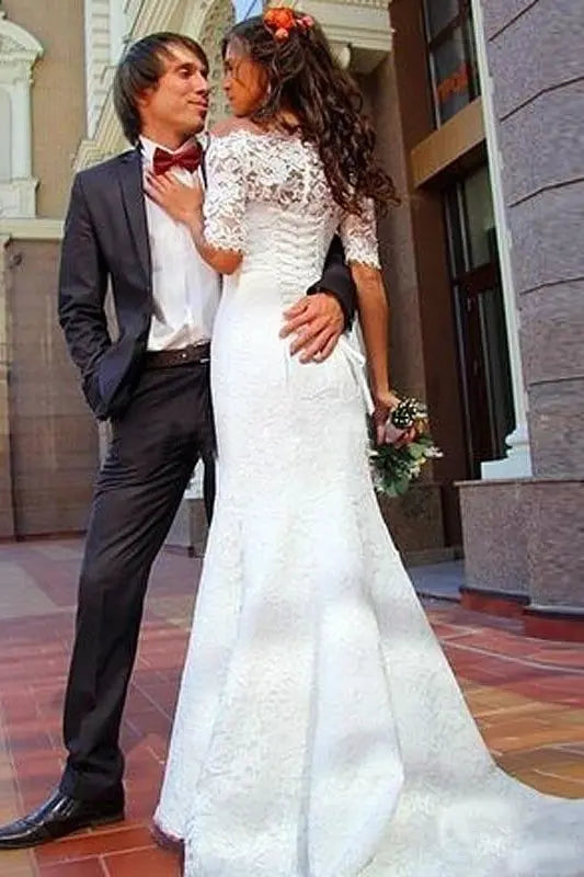 Trumpet/Mermaid Off-the-Shoulder 1/2 Sleeves Lace Court Train Wedding Dresses