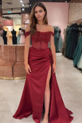 Sheath/Column Off the Shoulder Satin Beaded Prom Dress Burgundy With Appliques Prom Gown