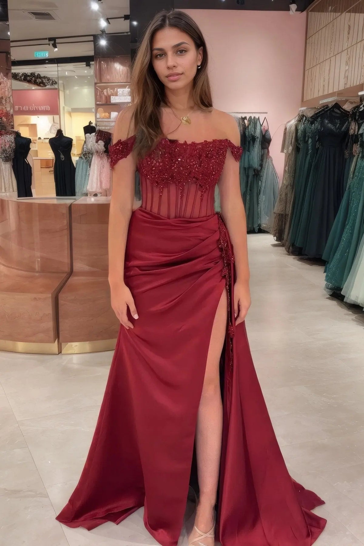 Sheath/Column Off the Shoulder Satin Beaded Prom Dress Burgundy With Appliques Prom Gown
