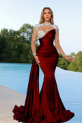 Trumpet/Mermaid Crew Neck Long Sleeve Silk Long Prom Dresses Purple Ball Gowns