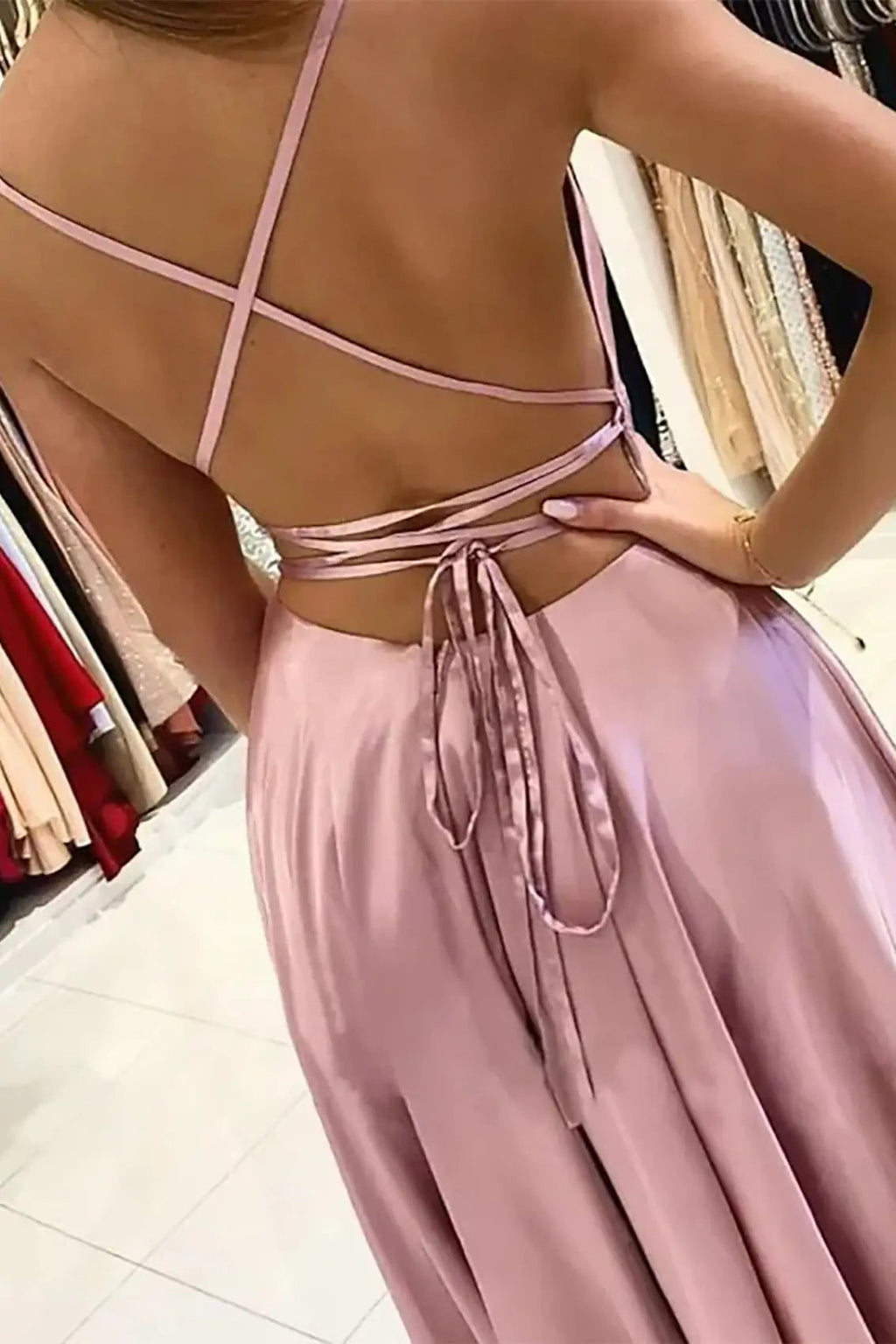 A-line Bateau Spaghetti Straps Sweep Train Charmeuse Prom Dress With Split