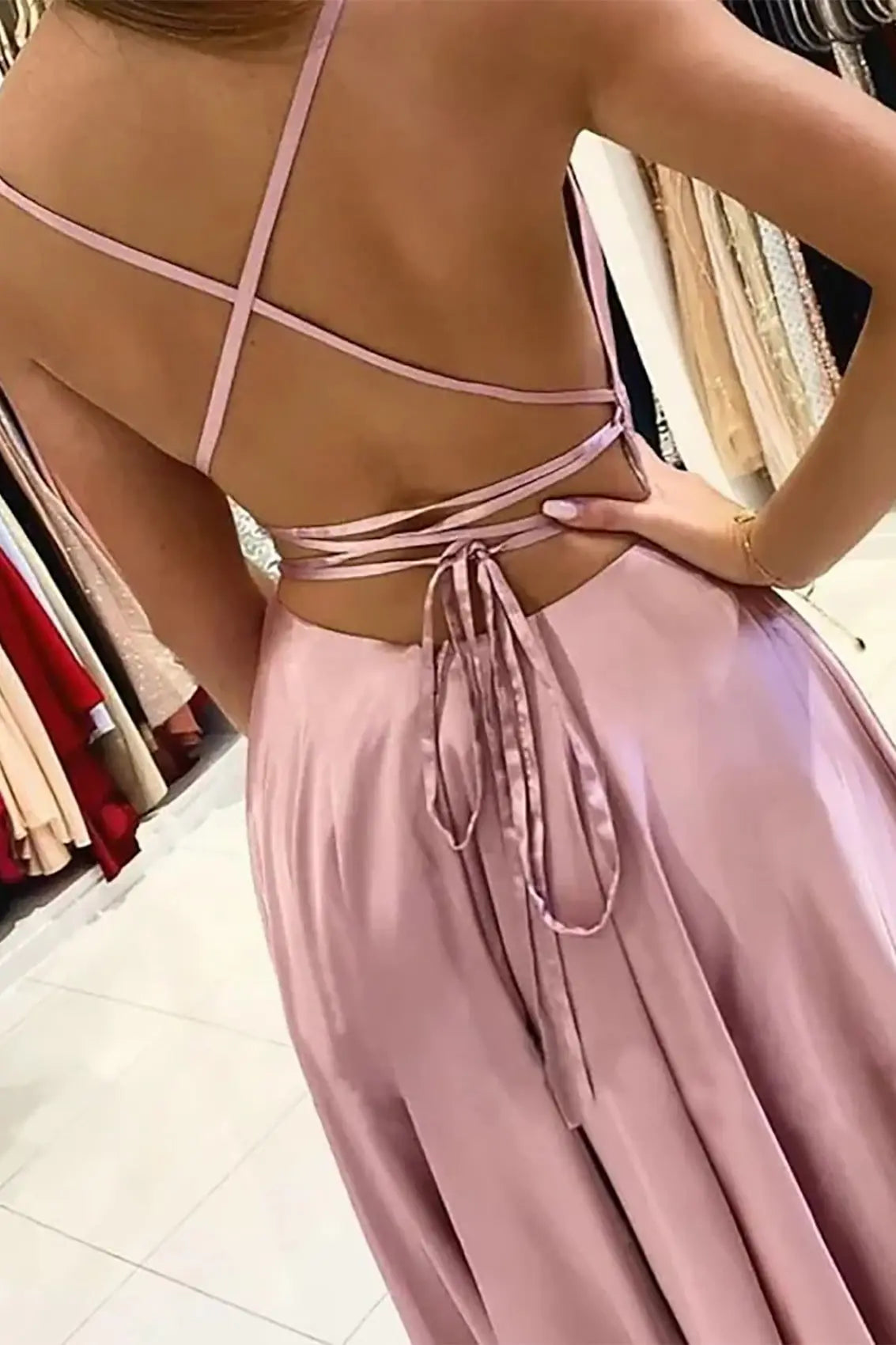 A-line Bateau Spaghetti Straps Sweep Train Charmeuse Prom Dress With Split