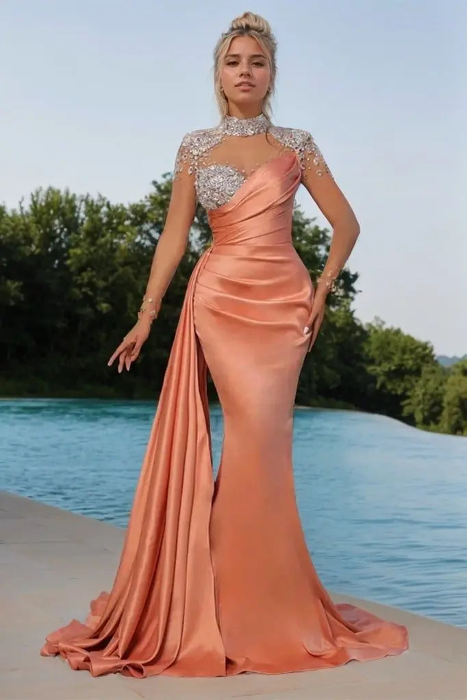 Trumpet/Mermaid Crew Neck Long Sleeve Silk Long Prom Dresses Purple Ball Gowns