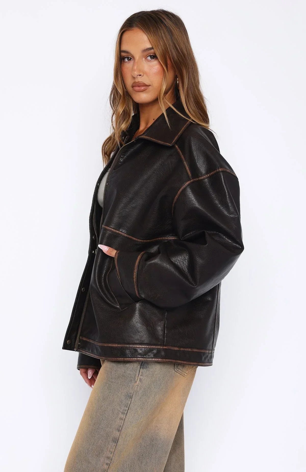 A London Girl PU Jacket Washed Chocolate