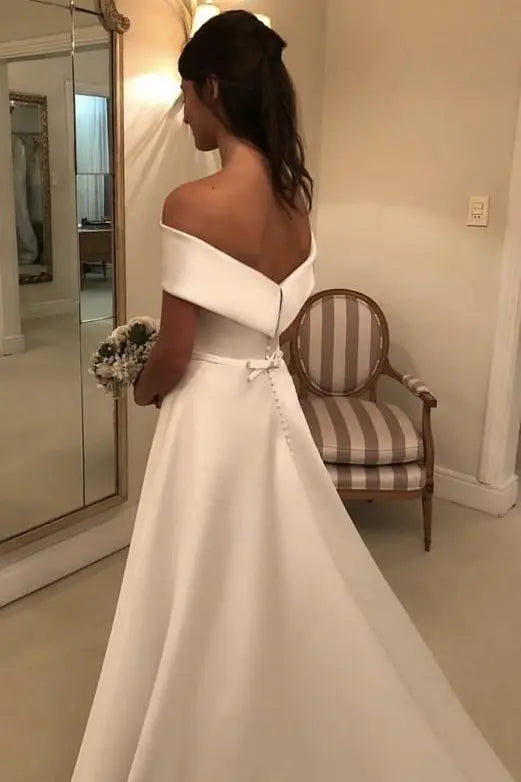 A-line/Princess Off-the-Shoulder Sleeveless Court Train Satin Wedding Dress With Bowknot Waistband