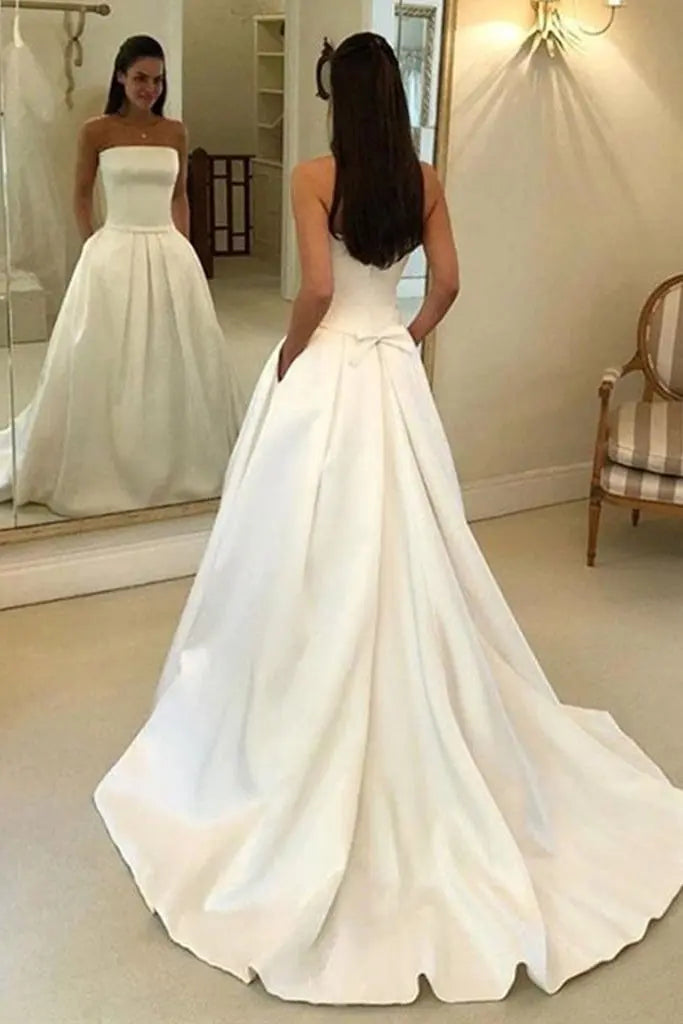 A-line Strapless Court Train Satin Wedding Dress With Waistband Pockets