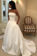 A-line Strapless Court Train Satin Wedding Dress With Waistband Pockets