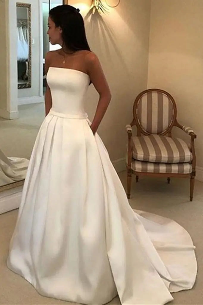 A-line Strapless Court Train Satin Wedding Dress With Waistband Pockets