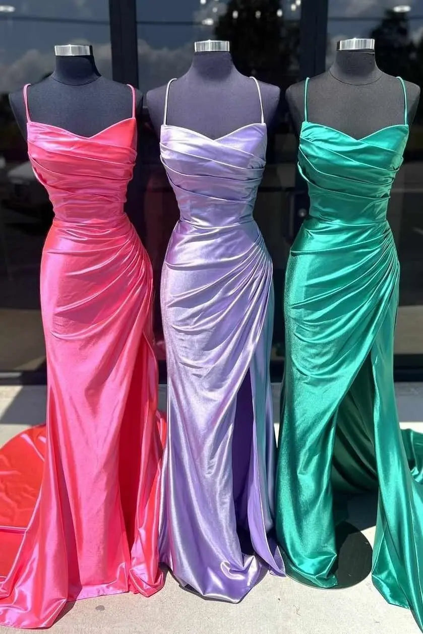 Sheath/Column Elastic Woven Satin Ruched Spaghetti Straps Sleeveless Sweep/Brush Train Prom Dresses