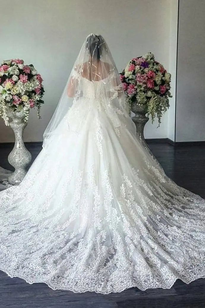 Ball Gown Off-the-Shoulder Sleeveless Sweep/Brush Train Lace Tulle Wedding Dresses