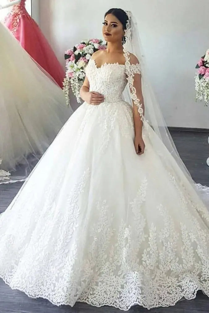 Ball Gown Off-the-Shoulder Sleeveless Sweep/Brush Train Lace Tulle Wedding Dresses
