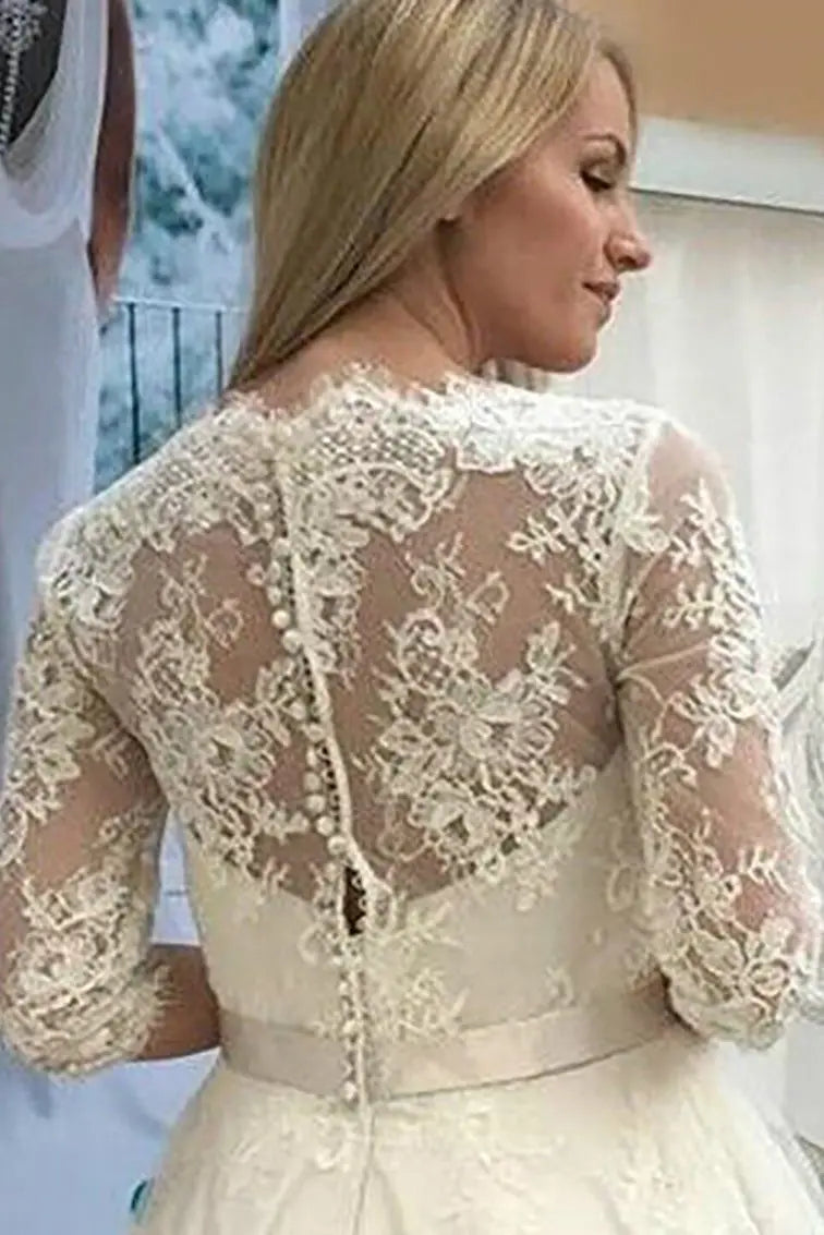 A-line V Neck 3/4 Sleeve Tulle Lace Tea-Length Wedding Dress With Waistband Flower